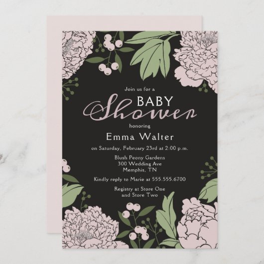 Blush Pink und Black Peonies Baby Dusche Einladung (Vorne/Hinten)