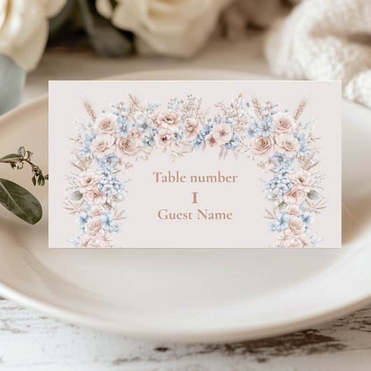 Blush Pink und Blue Watercolor Blumenzehen Platzkarte