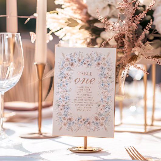 Blush Pink und Blue Watercolor Blumenzehen Tischnummer