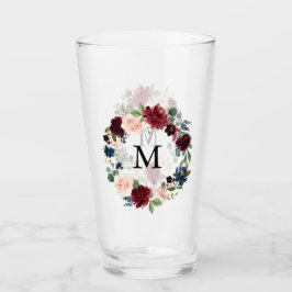 Blush Pink und Burgund Bloral Wreath Monogramm Glas