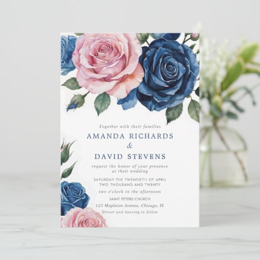 Blush Pink und Dusty Rose Blumenzehen Einladung (Stehend Vorderseite)