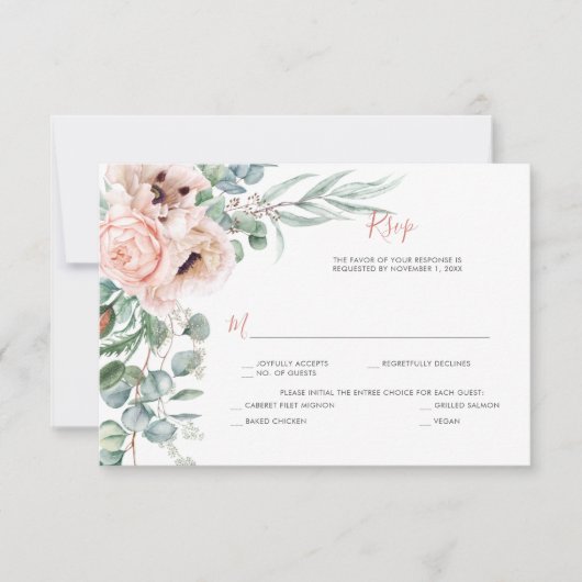 Blush Pink und Elfenbein, Eukalyptus, Grüne RSVP Karte (Vorderseite)