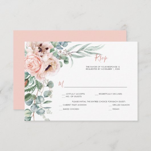 Blush Pink und Elfenbein, Eukalyptus, Grüne RSVP Karte (Vorne/Hinten)
