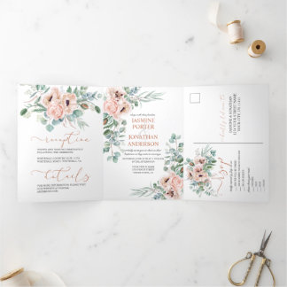 Blush Pink und Elfenbeinflora Hochzeit Dreifach Gefaltete Einladung