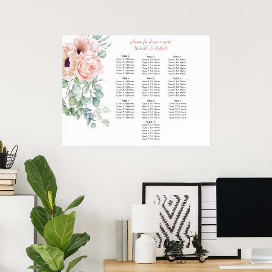 Blush Pink und Elfenbeinpolster-Peonies-Sitzplan Poster (Heimbüro)