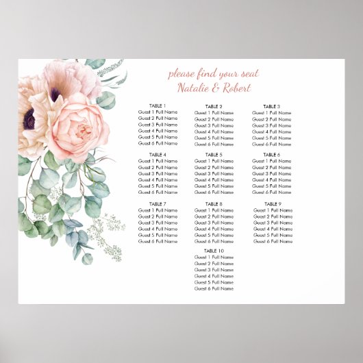 Blush Pink und Elfenbeinpolster-Peonies-Sitzplan Poster (Vorne)
