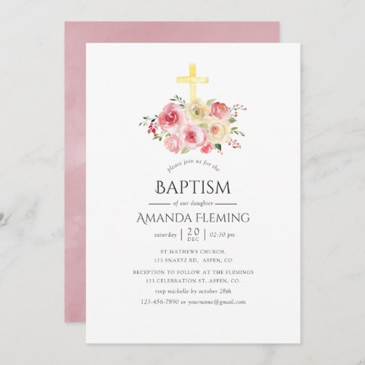 Blush Pink und Gelbe Blumentaufen/Christening Einladung (Vorne/Hinten)