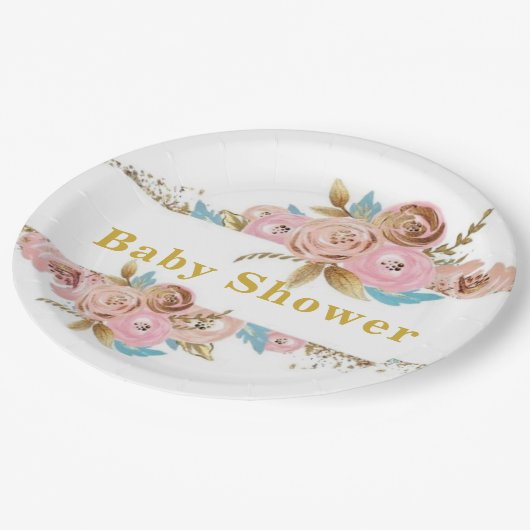 Blush Pink und Gold Aquamarin Peony Baby Dusche Pappteller (Schrägansicht)