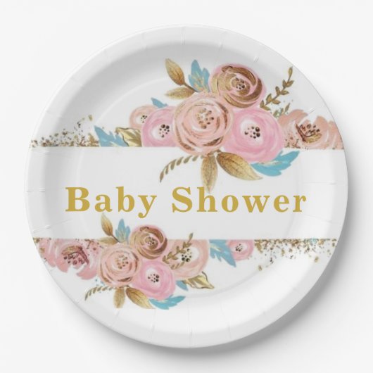 Blush Pink und Gold Aquamarin Peony Baby Dusche Pappteller (Vorderseite)