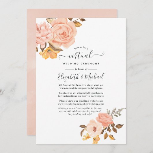 Blush Pink und Gold Bloral Online Virtual Wedding Einladung (Vorne/Hinten)