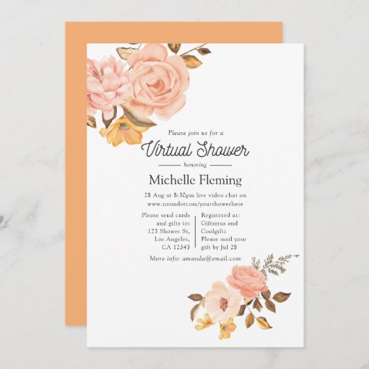 Blush Pink und Gold Bloral Virtual Baby Dusche Einladung (Vorne/Hinten)