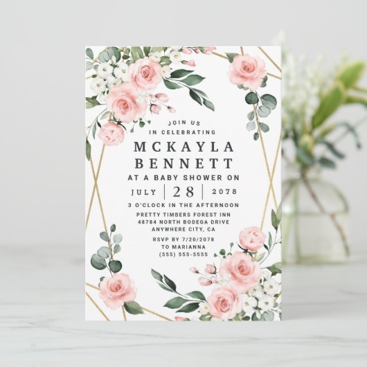 Blush Pink und Gold Blumengrün Babydusche Einladung (Stehend Vorderseite)