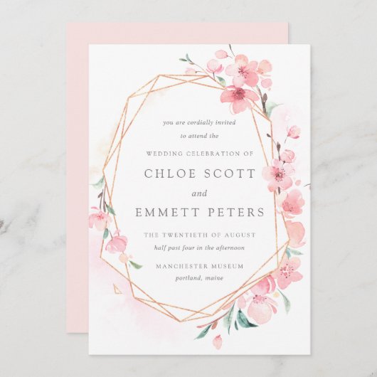 Blush Pink und Gold Cherry Blossom Hochzeit Einladung (Vorne/Hinten)