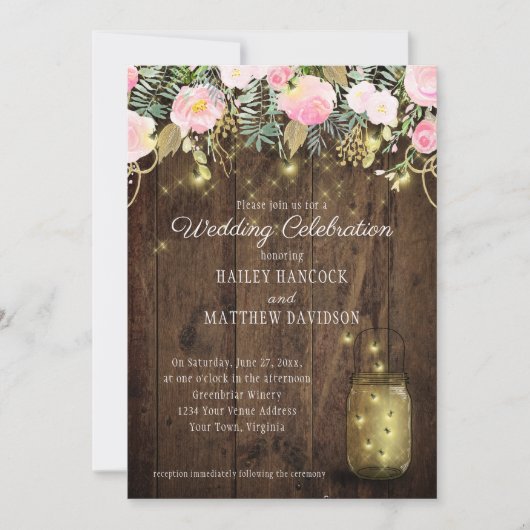 Blush Pink und Gold Fireflies Mason Jars Hochzeit Einladung (Vorderseite)