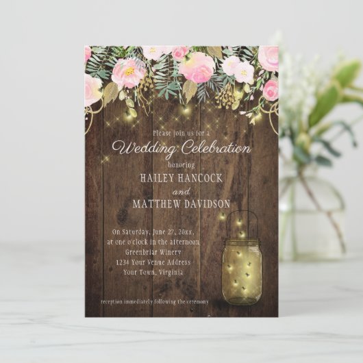 Blush Pink und Gold Fireflies Mason Jars Hochzeit Einladung (Stehend Vorderseite)