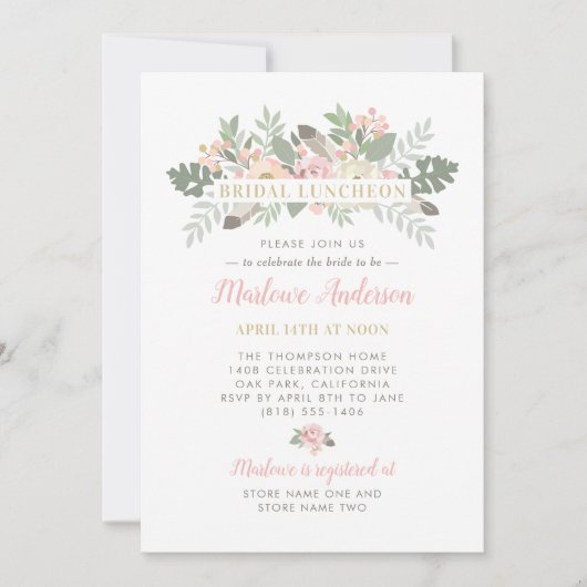 Blush Pink und Gold Floral Boho Bridal Luncheon Einladung (Vorderseite)