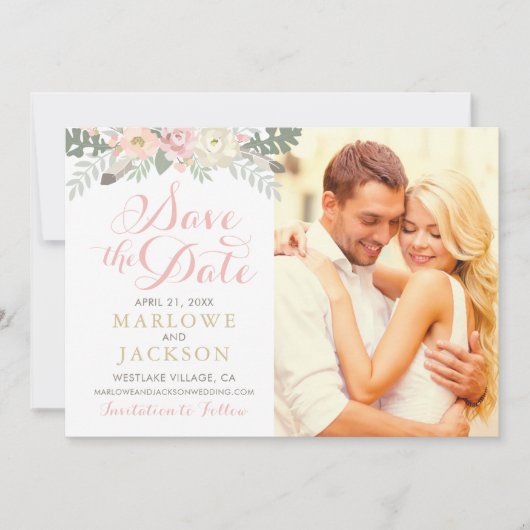 Blush Pink und Gold Floral Boho Wedding Foto Save The Date (Vorderseite)