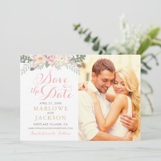 Blush Pink und Gold Floral Boho Wedding Foto Save The Date (Stehend Vorderseite)