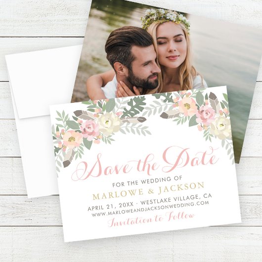 Blush Pink und Gold Floral Boho Wedding Foto Save The Date