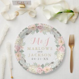 Blush Pink und Gold Floral Boho Wedgram Pappteller
