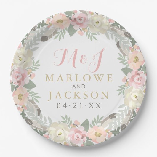 Blush Pink und Gold Floral Boho Wedgram Pappteller (Vorderseite)