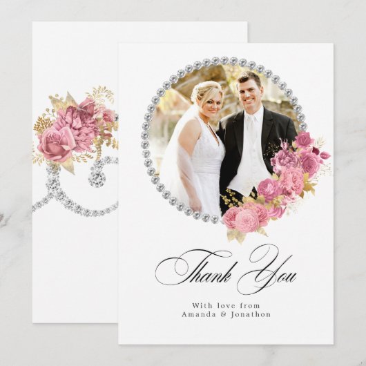 Blush Pink und Gold Floral Diamond Wedding Dankeskarte (Vorne/Hinten)