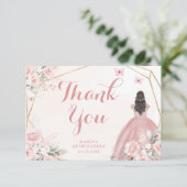 Blush Pink und Gold Floral Quinceanera Dankeskarte (Stehend Vorderseite)