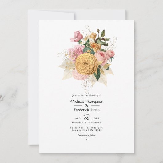 Blush Pink und Gold Floral Wedding Einladung (Vorderseite)