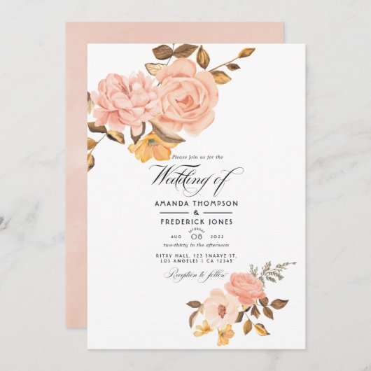Blush Pink und Gold Floral Wedding Foto Einladung (Vorne/Hinten)