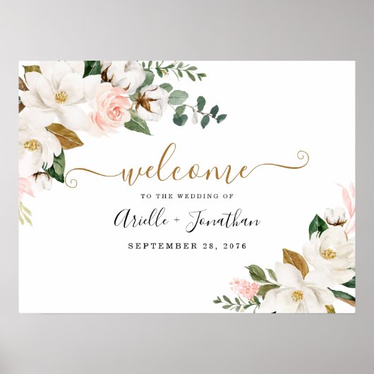 Blush Pink und Gold Floral Wedding Willkommenszeic Poster (Vorne)