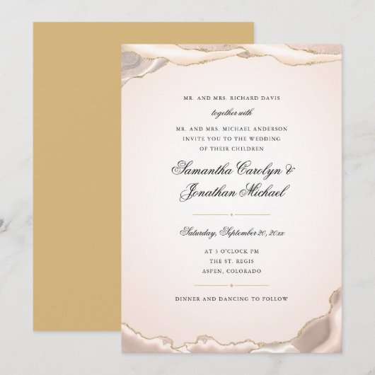 Blush Pink und Gold Glitzer Agate Script Hochzeit Einladung (Vorne/Hinten)