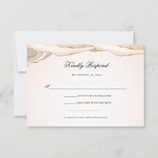 Blush Pink und Gold Glitzer Agate Script Hochzeit RSVP Karte (Vorderseite)