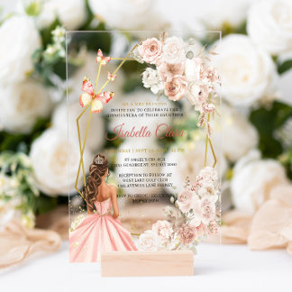 Blush Pink und Gold Prinzessin Quinceanera Acryleinladungen