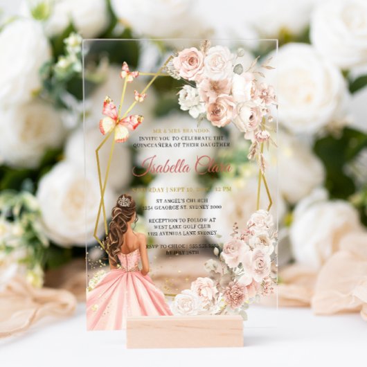 Blush Pink und Gold Prinzessin Quinceanera Acryleinladungen