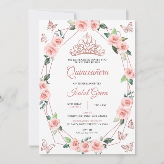 Blush Pink und Gold Quinceñera Einladung (Vorderseite)