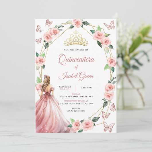 Blush Pink und Gold Quinceñera Einladung (Stehend Vorderseite)