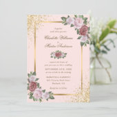 Blush Pink und Gold Rahmen Confetti Blumenzehen Einladung (Stehend Vorderseite)