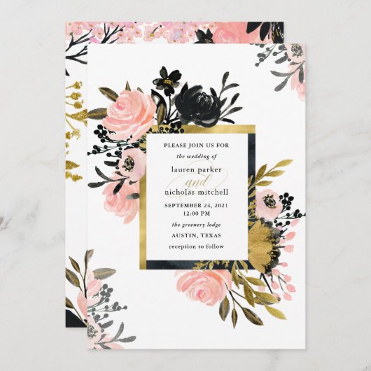 Blush Pink und Gold und Black Floral Wedding Einladung (Vorne/Hinten)