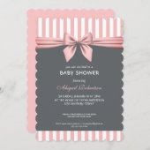 Blush Pink und Grau Streifen Bow Baby Dusche Invit Einladung (Vorne/Hinten)