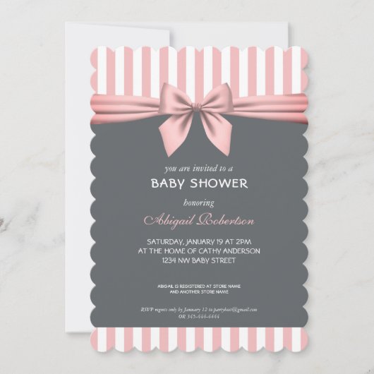 Blush Pink und Grau Streifen Bow Baby Dusche Invit Einladung (Vorderseite)