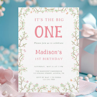 Blush Pink und Green Blossom Rahmen 1. Geburtstag Einladung