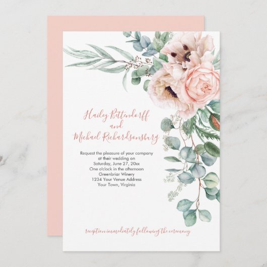 Blush Pink und Ivory Poppies Eukalyptus Greenery Einladung (Vorne/Hinten)