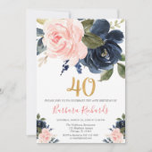 Blush pink und marineblau Blumen 40. Geburtstag Einladung (Vorderseite)