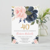 Blush pink und marineblau Blumen 40. Geburtstag Einladung (Stehend Vorderseite)