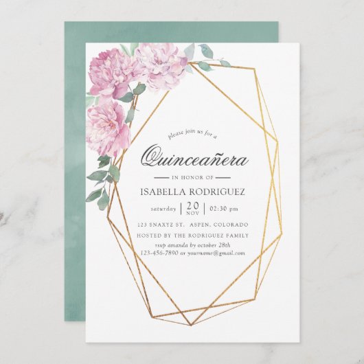 Blush Pink und Mint Geometric Floral Quinceañera Einladung (Vorne/Hinten)
