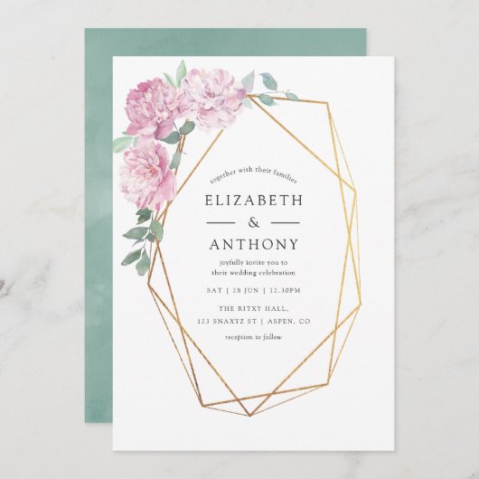 Blush Pink und Mint Geometric Floral Wedding Einladung (Vorne/Hinten)