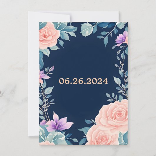 Blush pink und Navy Blue Blumen elegant modern Einladung (Rückseite)