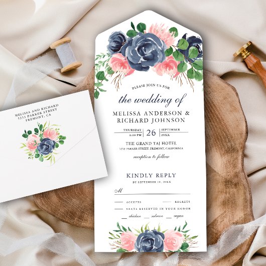 Blush Pink und Navy Blue Floral Bouquet Wedding All In One Einladung