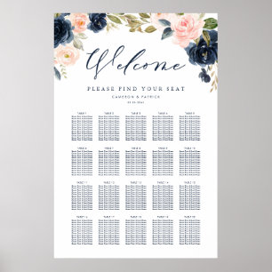Blush Pink und Navy Blue Floral Hochzeitssitze Poster