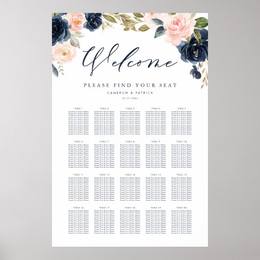 Blush Pink und Navy Blue Floral Hochzeitssitze Poster (Vorne)